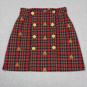 B The Collection Elegant Plaid Midi Skirt Gold Bee Button Front  Embroidered Bee